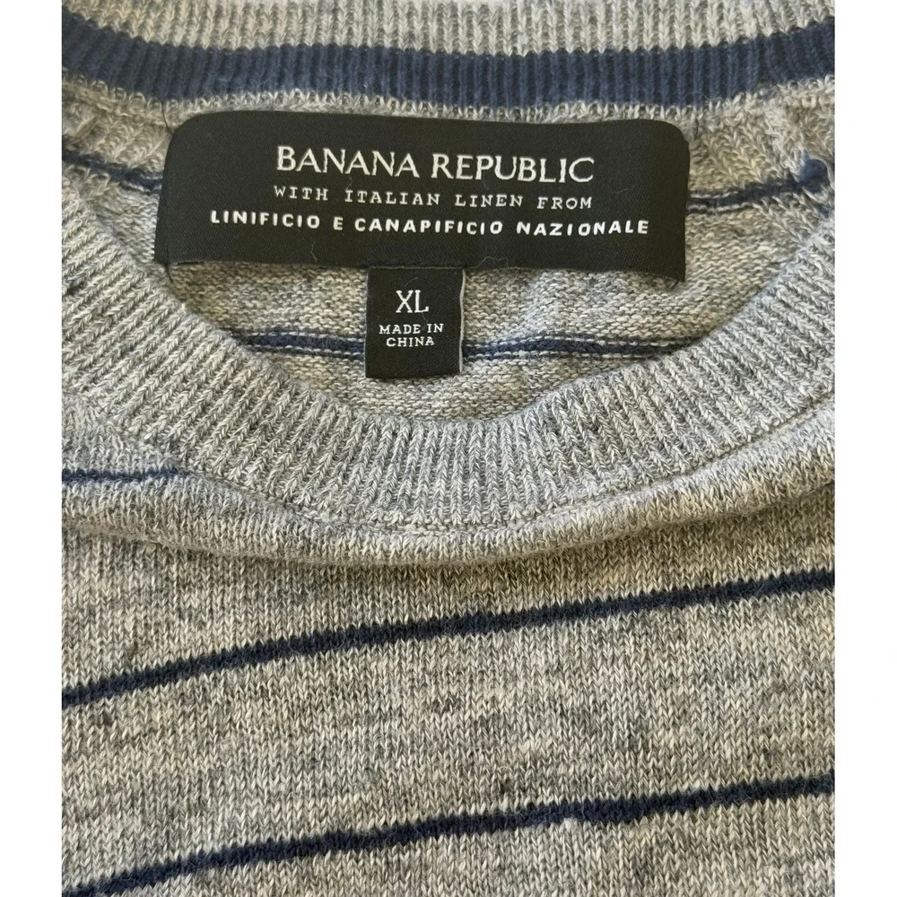 Banana Republic Mens XL‎ 100% Italian Linen Gray Striped Long Sleeve Sweater